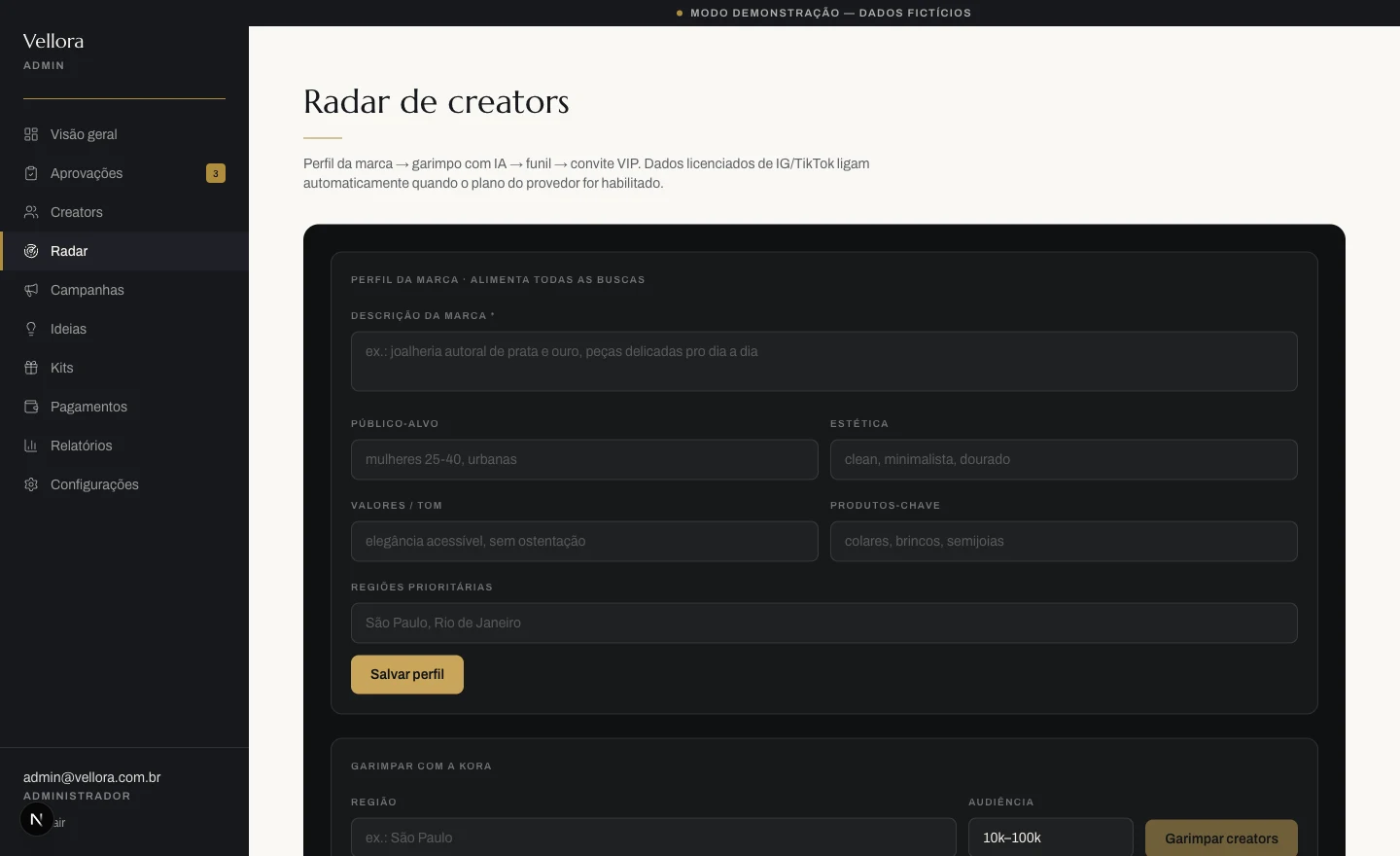Radar de creators no painel da marca